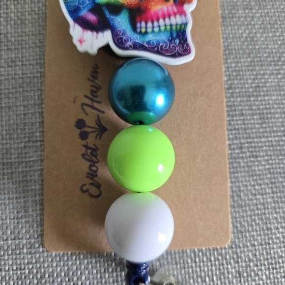 Skull Skeleton Colorful Pink Gothic Retractable Name Badge ID Reel Holder - Picture 3 of 3